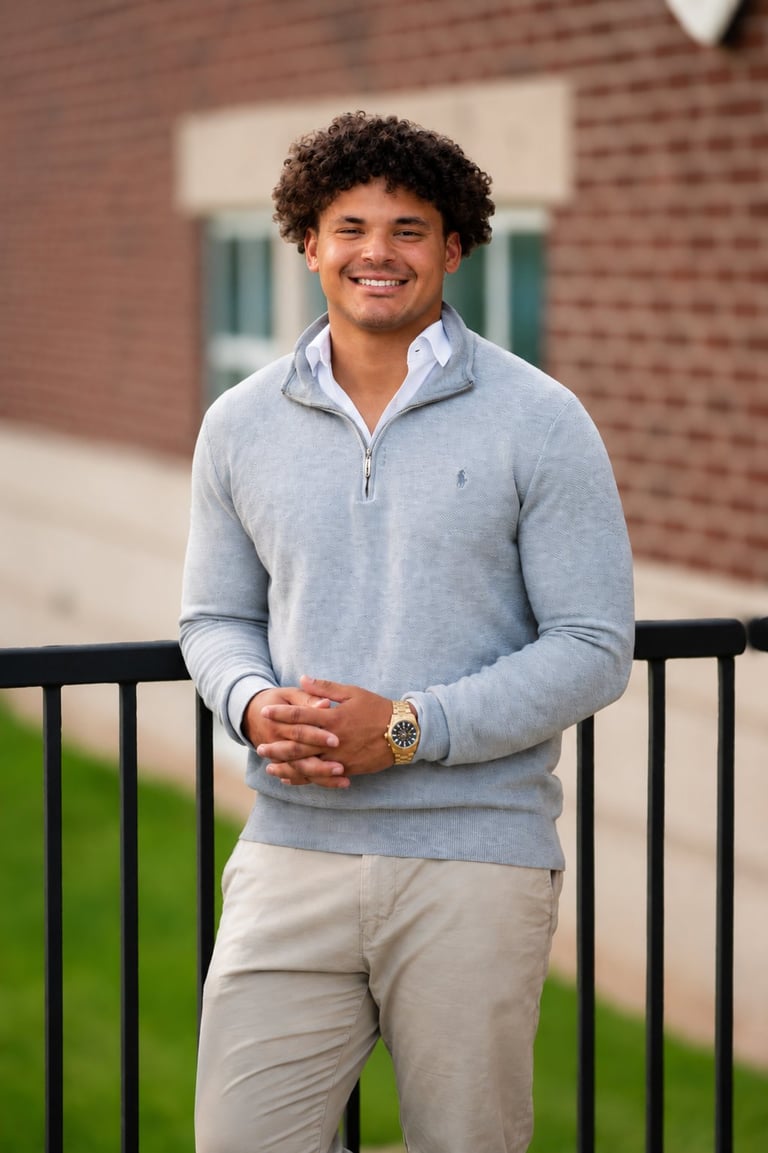 Young man smiling at camera wearing light blue quarter-zip sweater and beige pants, leaning against black railing with brick building and green lawn in background